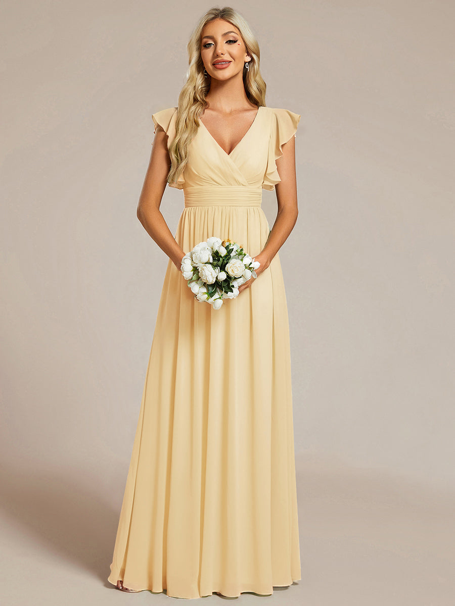 V-Neck Open Back Ruffled Sleeves Chiffon Bridesmaid Dress #color_Yellow