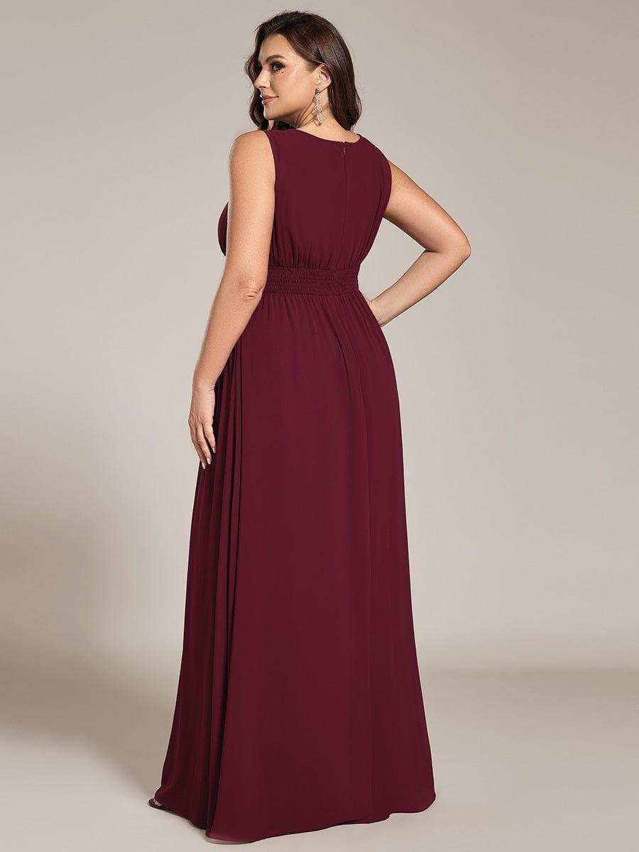 A-Line Chiffon Evening Dress with Sleeveless Round Neckline and Pleats #color_Burgundy