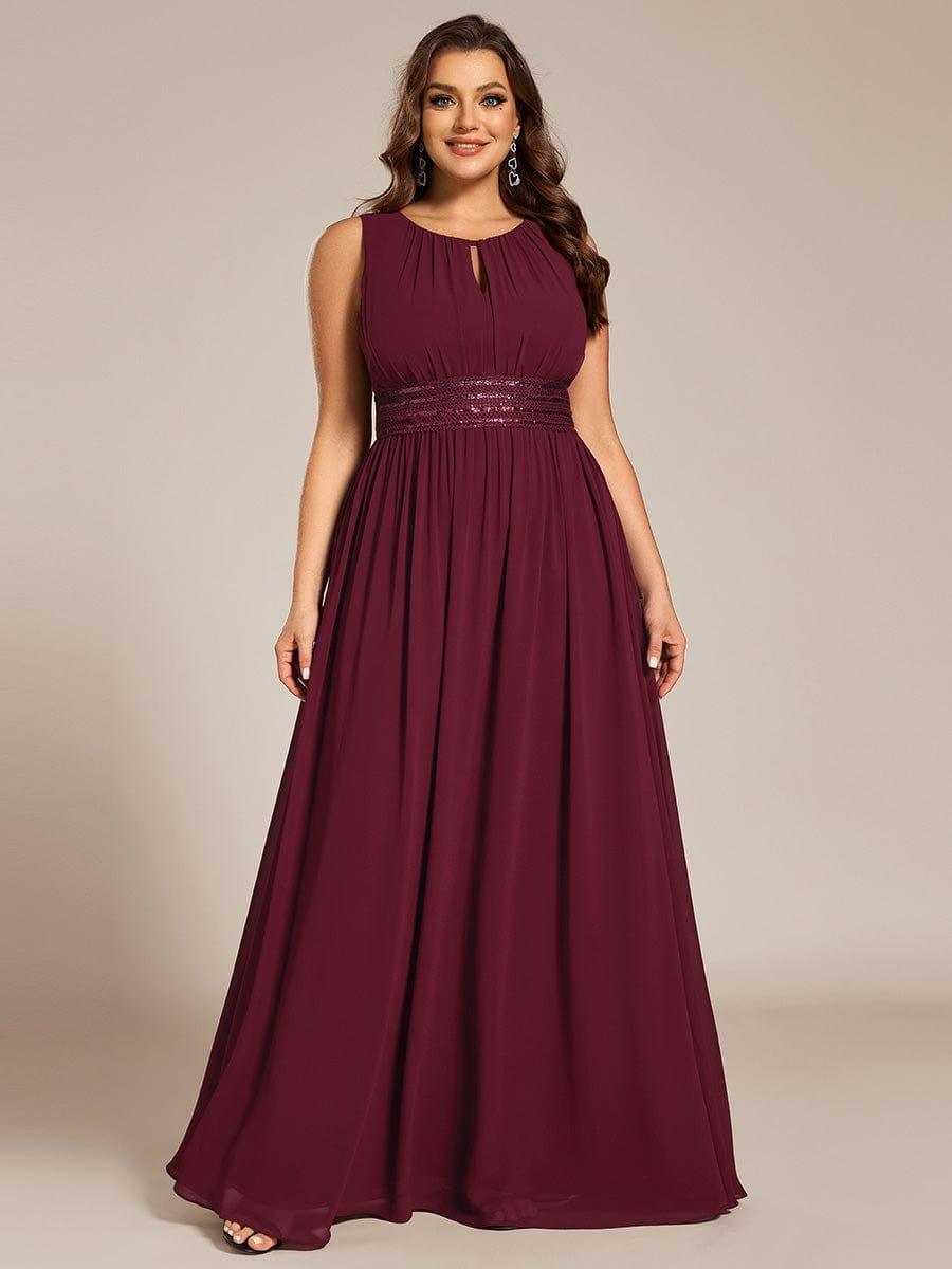 A-Line Chiffon Evening Dress with Sleeveless Round Neckline and Pleats #color_Burgundy