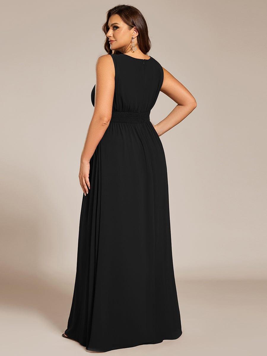 A-Line Chiffon Evening Dress with Sleeveless Round Neckline and Pleats #color_Black