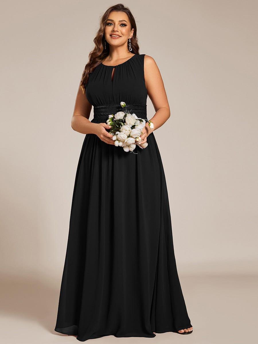 A-Line Chiffon Evening Dress with Sleeveless Round Neckline and Pleats #color_Black