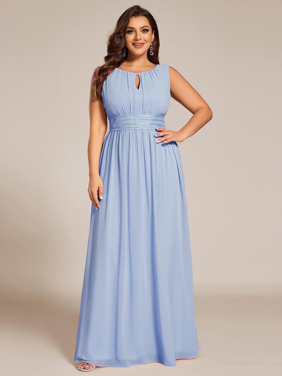 A-Line Chiffon Bridesmaid Dress with Sleeveless Round Neckline and Pleats #color_Ice Blue
