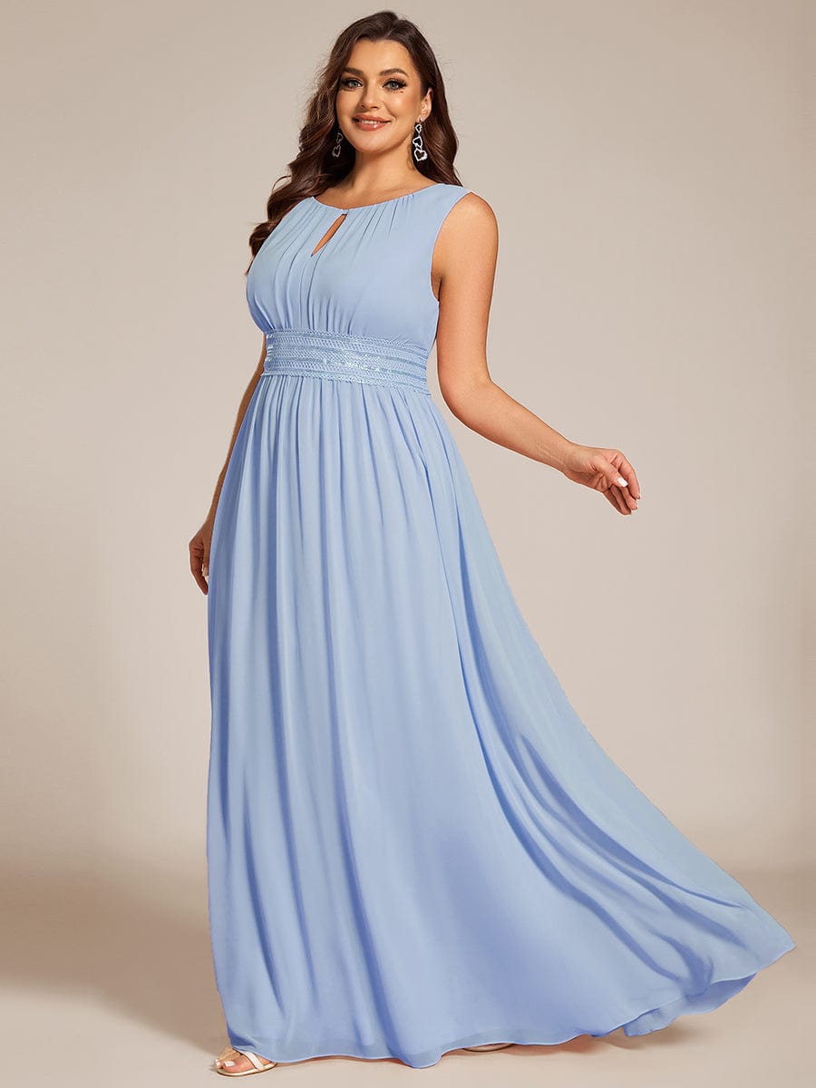 A-Line Chiffon Bridesmaid Dress with Sleeveless Round Neckline and Pleats #color_Ice Blue