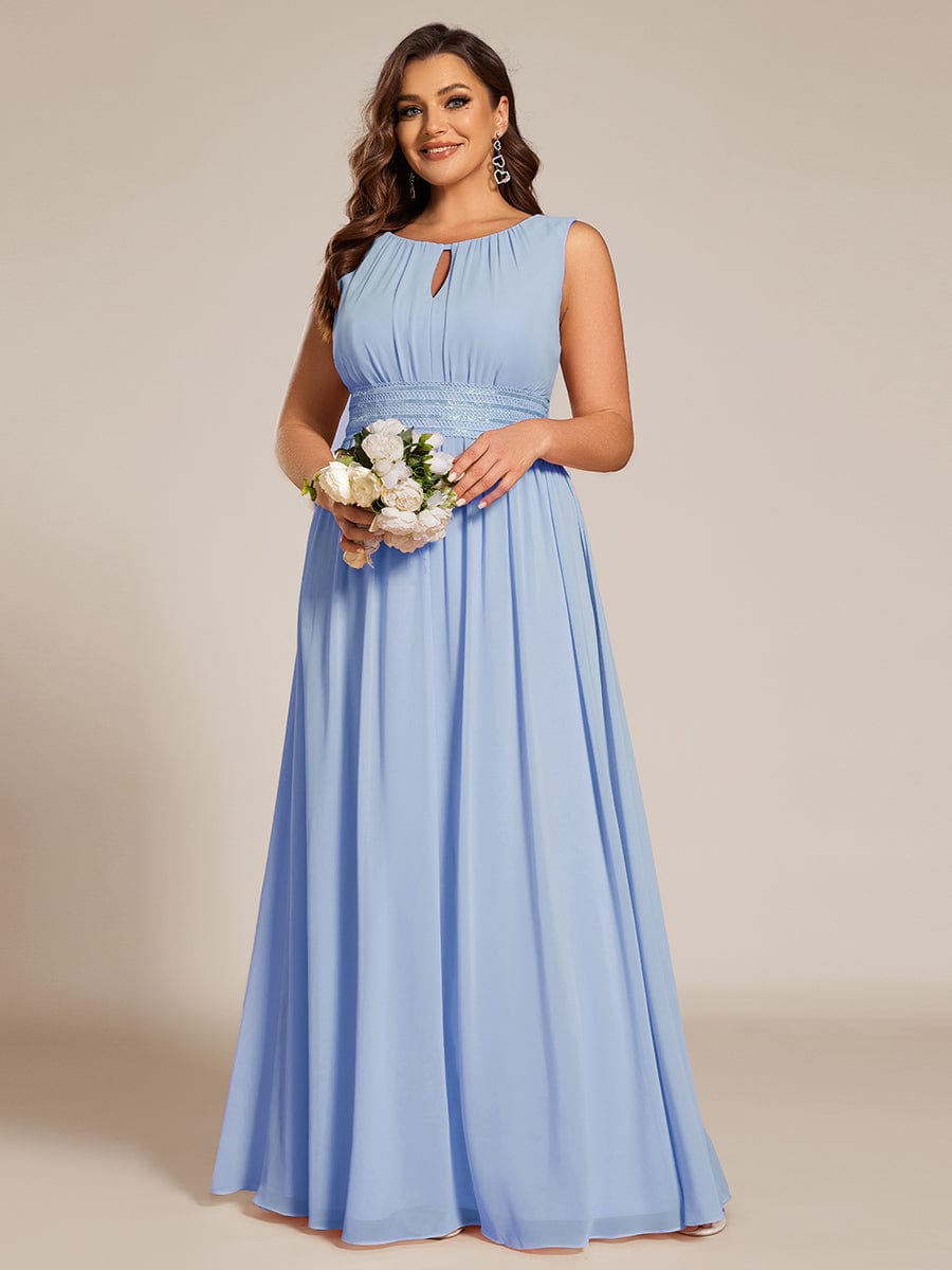 A-Line Chiffon Bridesmaid Dress with Sleeveless Round Neckline and Pleats #color_Ice Blue