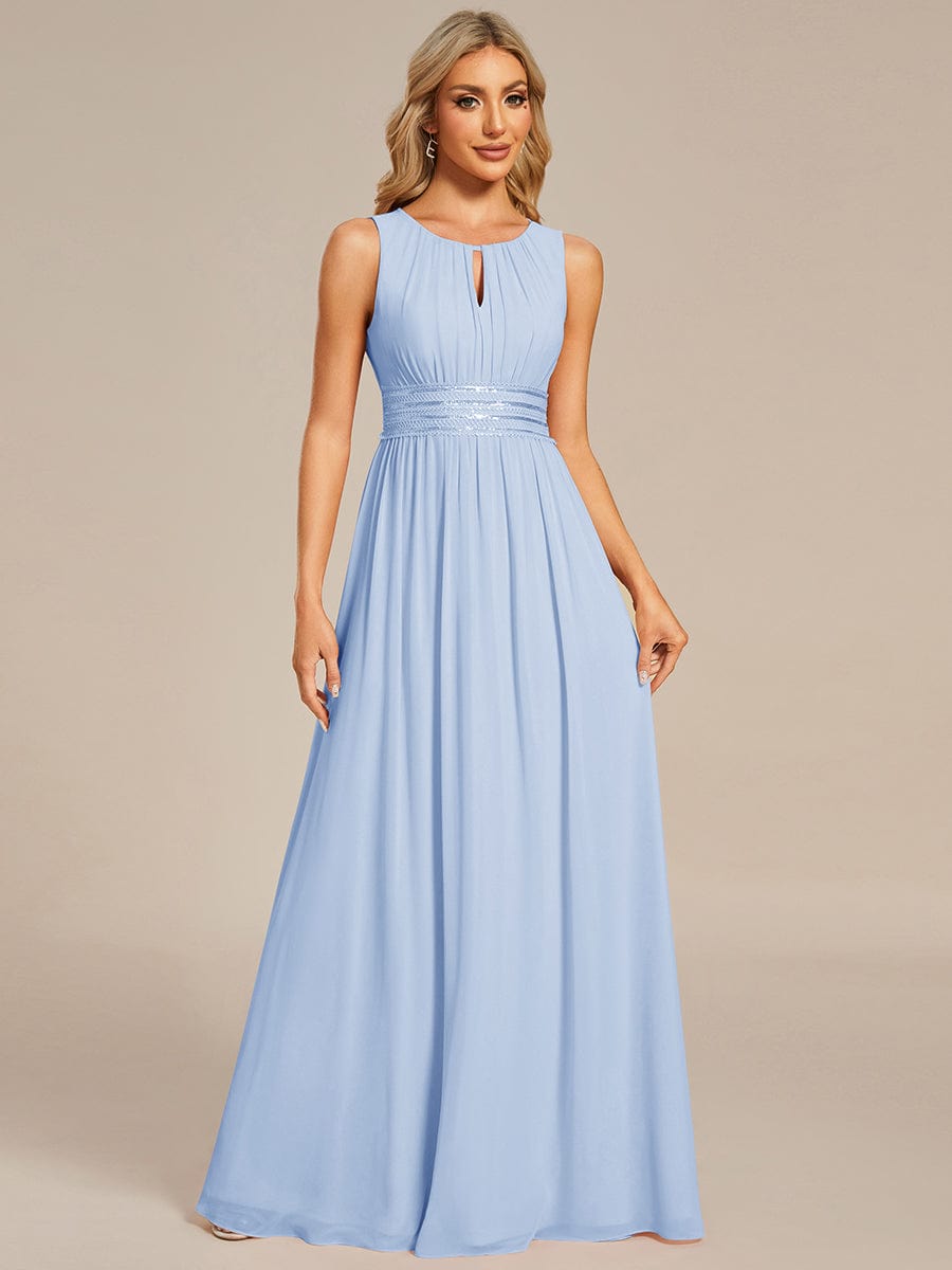 A-Line Chiffon Bridesmaid Dress with Sleeveless Round Neckline and Pleats #color_Ice Blue