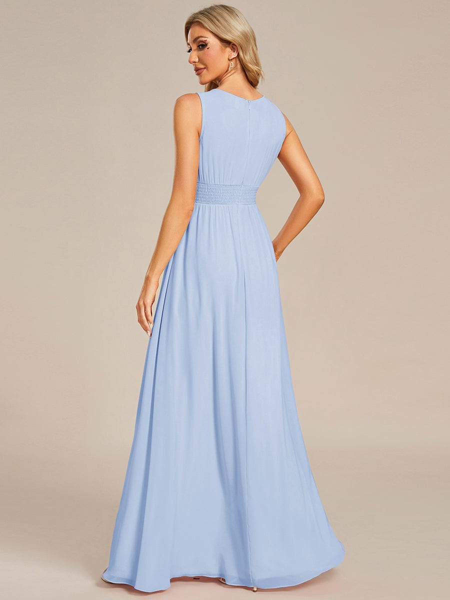 A-Line Chiffon Bridesmaid Dress with Sleeveless Round Neckline and Pleats #color_Ice Blue