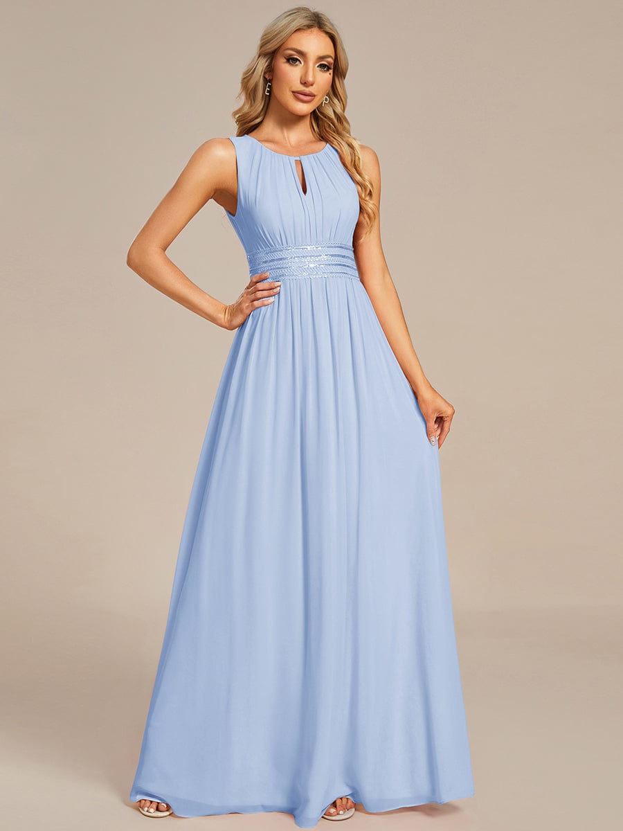 A-Line Chiffon Bridesmaid Dress with Sleeveless Round Neckline and Pleats #color_Ice Blue