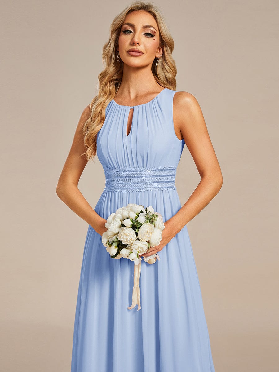 A-Line Chiffon Bridesmaid Dress with Sleeveless Round Neckline and Pleats #color_Ice Blue
