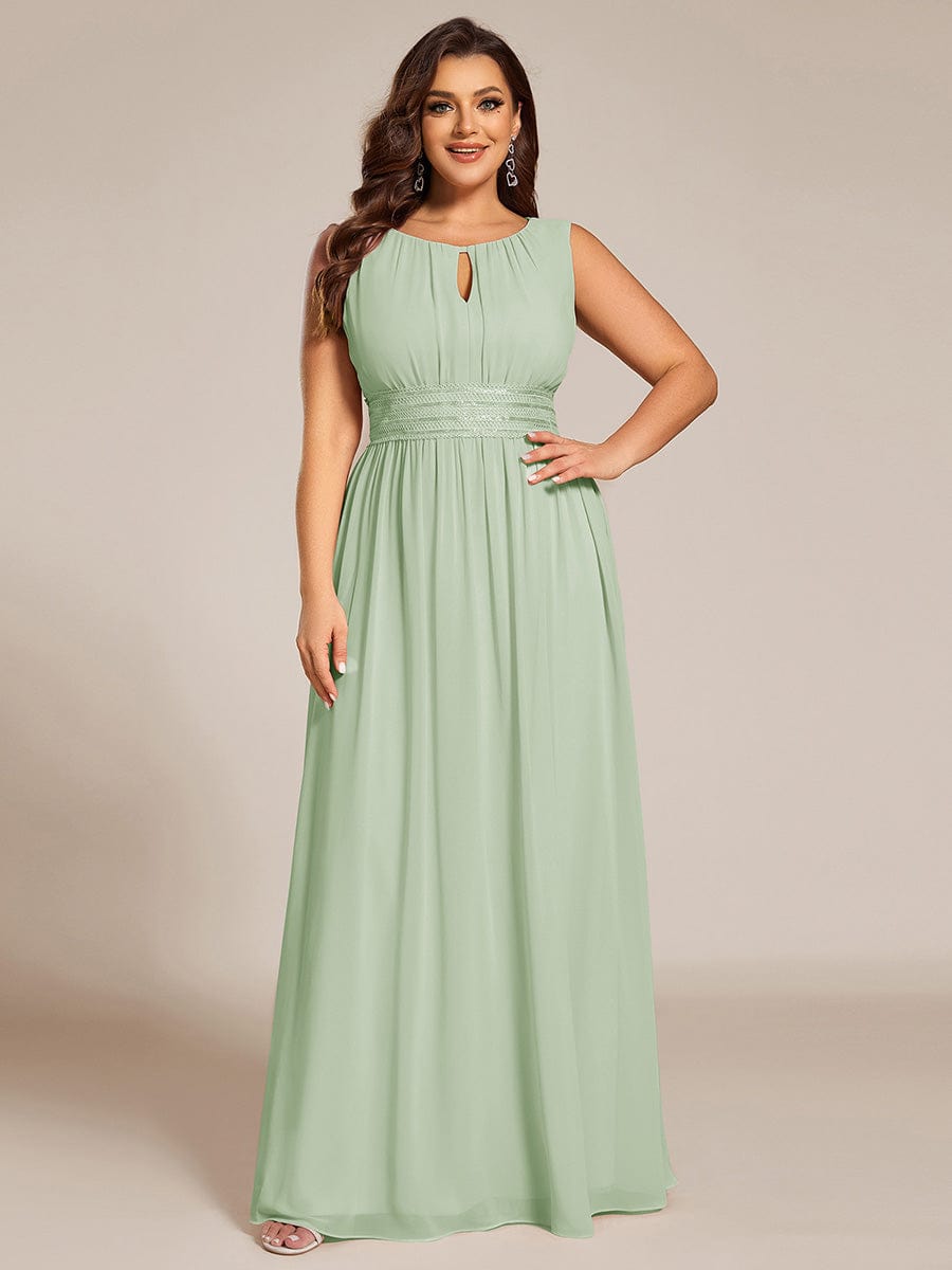 A-Line Chiffon Bridesmaid Dress with Sleeveless Round Neckline and Pleats #color_Mint Green