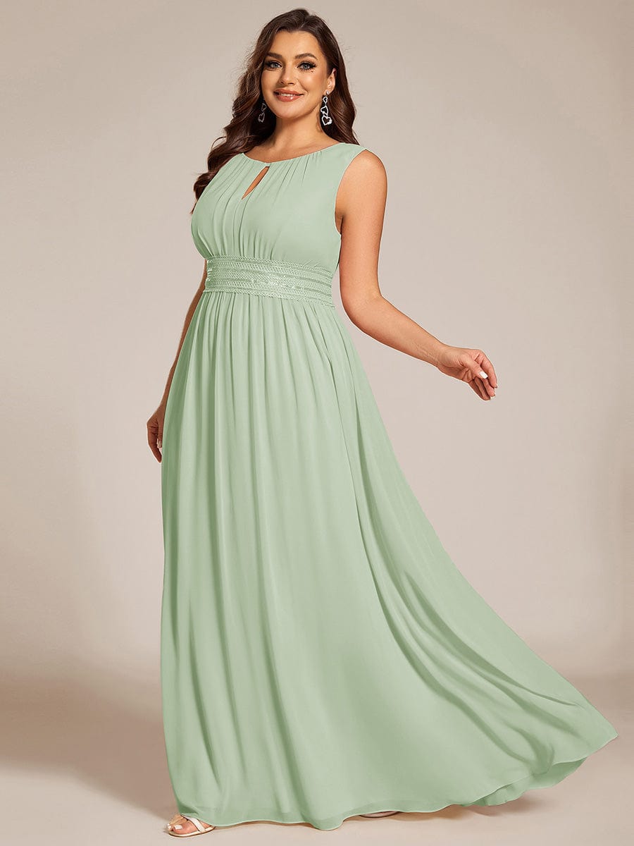 A-Line Chiffon Bridesmaid Dress with Sleeveless Round Neckline and Pleats #color_Mint Green