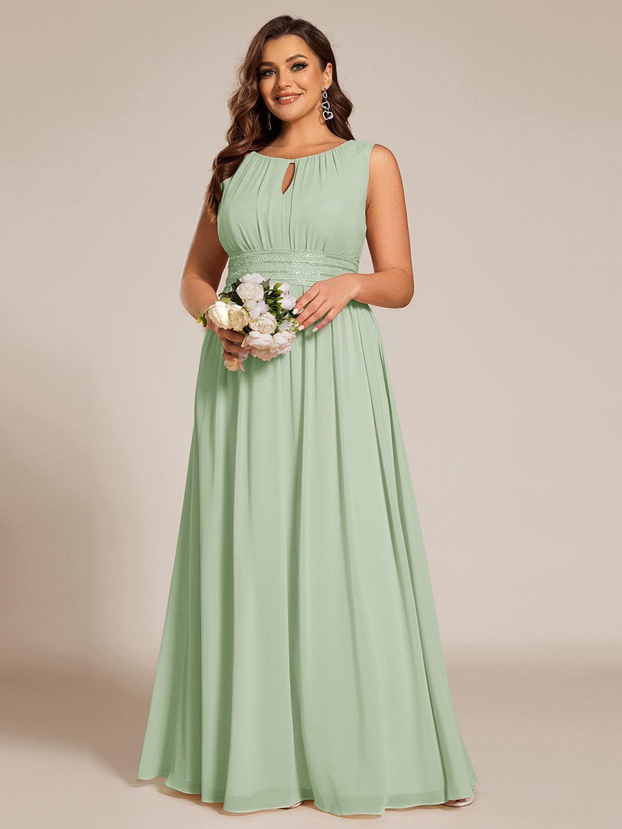 A-Line Chiffon Bridesmaid Dress with Sleeveless Round Neckline and Pleats #color_Mint Green