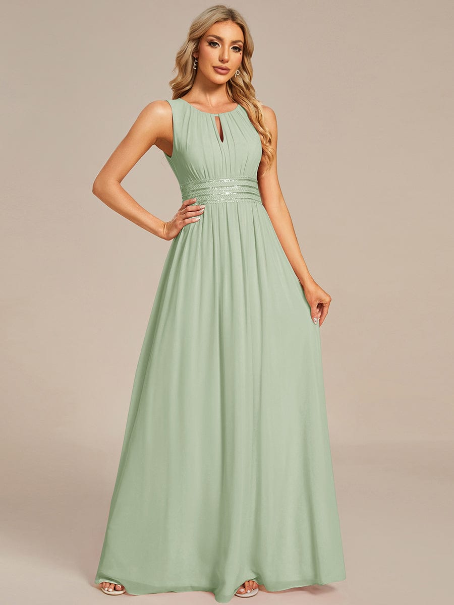 A-Line Chiffon Bridesmaid Dress with Sleeveless Round Neckline and Pleats #color_Mint Green