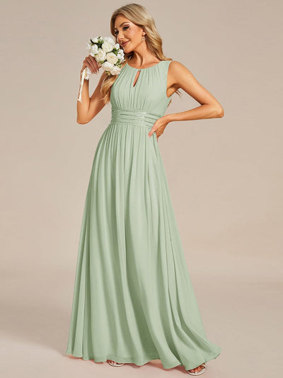 A-Line Chiffon Bridesmaid Dress with Sleeveless Round Neckline and Pleats #color_Mint Green