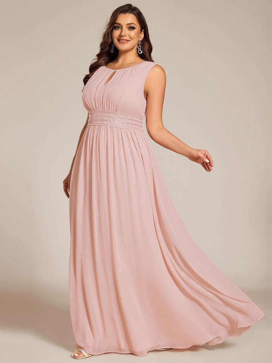A-Line Chiffon Bridesmaid Dress with Sleeveless Round Neckline and Pleats #color_Pink
