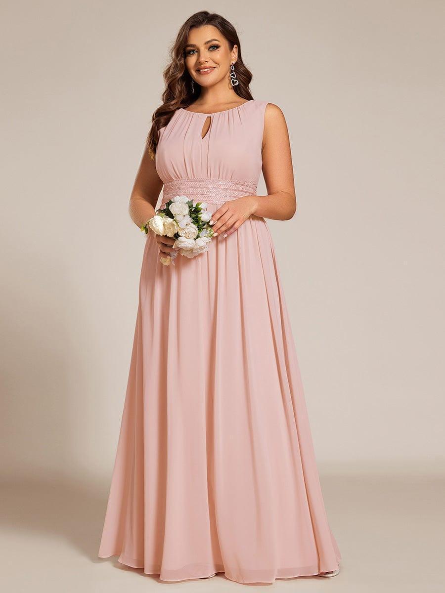 A-Line Chiffon Evening Dress with Sleeveless Round Neckline and Pleats #color_Pink