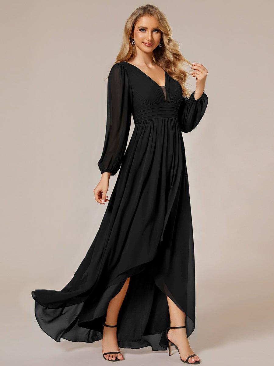 Enchanting Chiffon Lantern Sleeve Pleated High Waist Bridesmaid Dress #color_Black