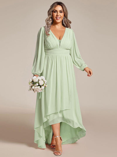 Plus Size Enchanting Chiffon Lantern Sleeve Pleated High Waist Bridesmaid Dress #color_Mint Green