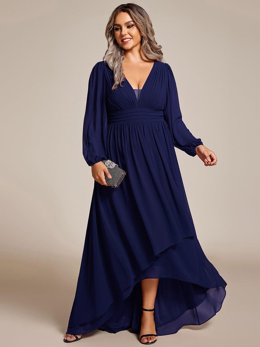 Enchanting Chiffon Lantern Sleeve Pleated High Waist Bridesmaid Dress #color_Navy Blue