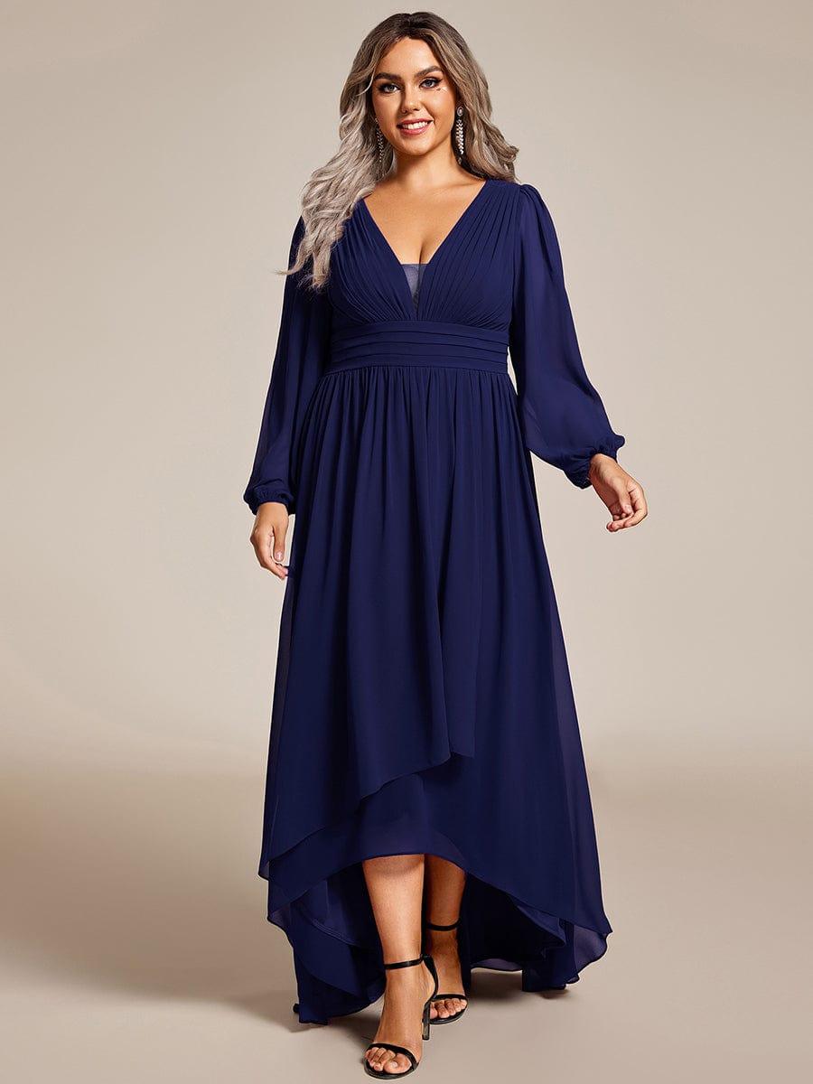 Enchanting Chiffon Lantern Sleeve Pleated High Waist Bridesmaid Dress #color_Navy Blue