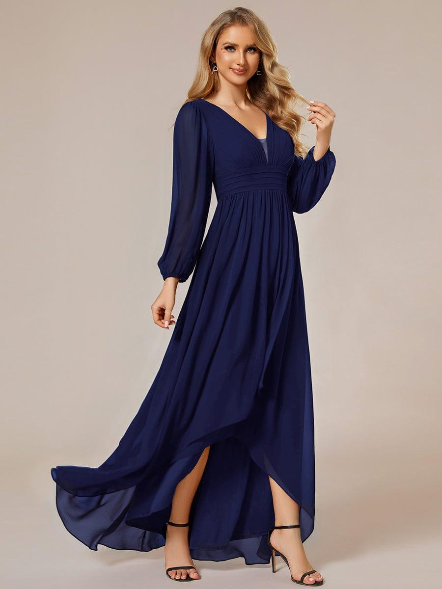 Enchanting Chiffon Lantern Sleeve Pleated High Waist Bridesmaid Dress #color_Navy Blue