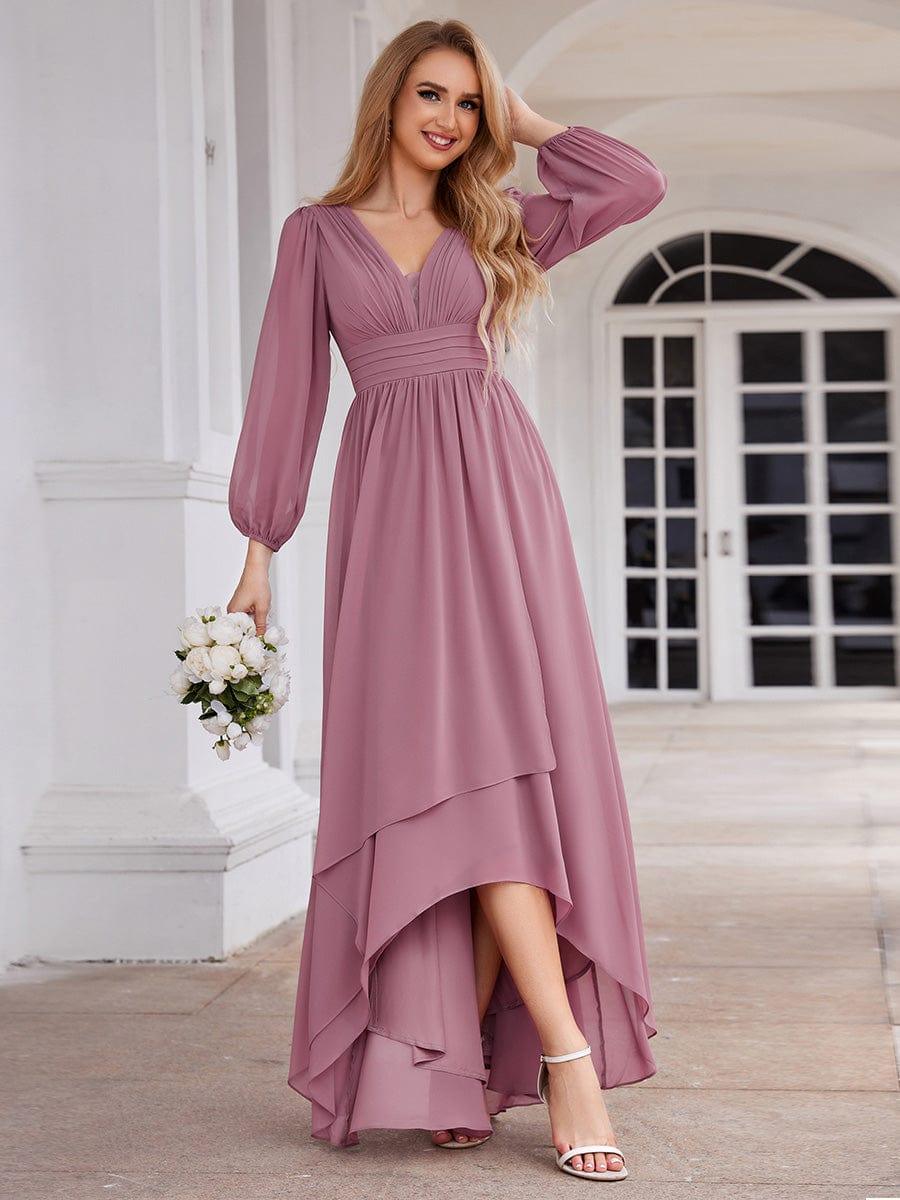 Enchanting Chiffon Lantern Sleeve Pleated High Waist Bridesmaid Dress #color_Purple Orchid