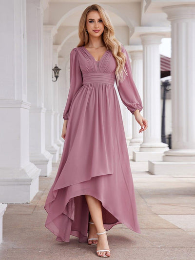 Enchanting Chiffon Lantern Sleeve Pleated High Waist Bridesmaid Dress #color_Purple Orchid