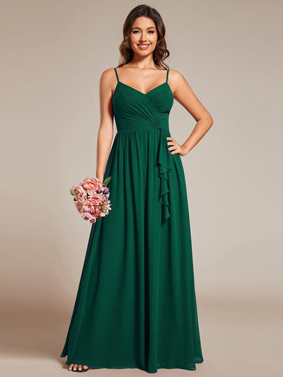 Maxi V-Neck Lotus Leaf Chiffon Dress with Pleating in Dark Green #color_Dark Green