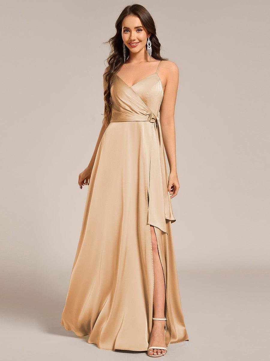 Wrap-Style Maxi Spaghetti Strap Satin Evening Dress #color_Champagne