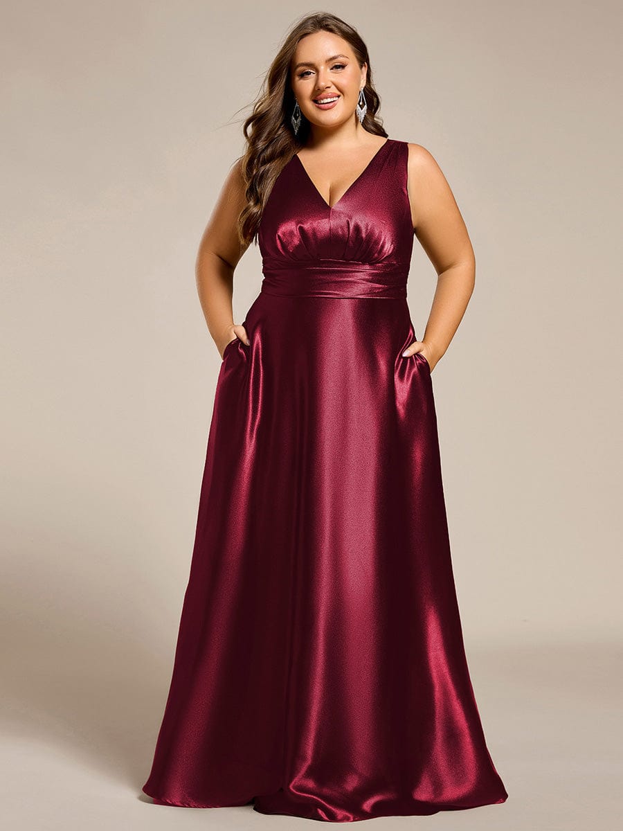 Sleeveless Empire Waist Satin Maxi Bridesmaid Dress With Pockets #color_Burgundy
