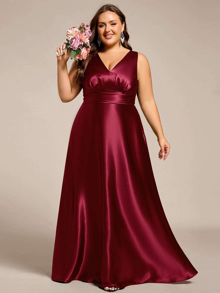Sleeveless Empire Waist Satin Maxi Bridesmaid Dress With Pockets #color_Burgundy