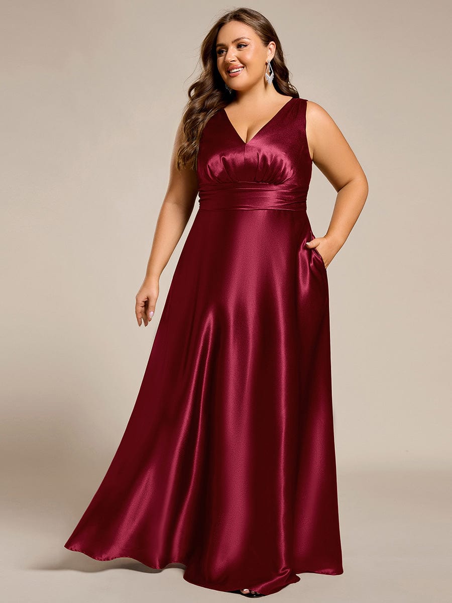 Sleeveless Empire Waist Satin Maxi Bridesmaid Dress With Pockets #color_Burgundy