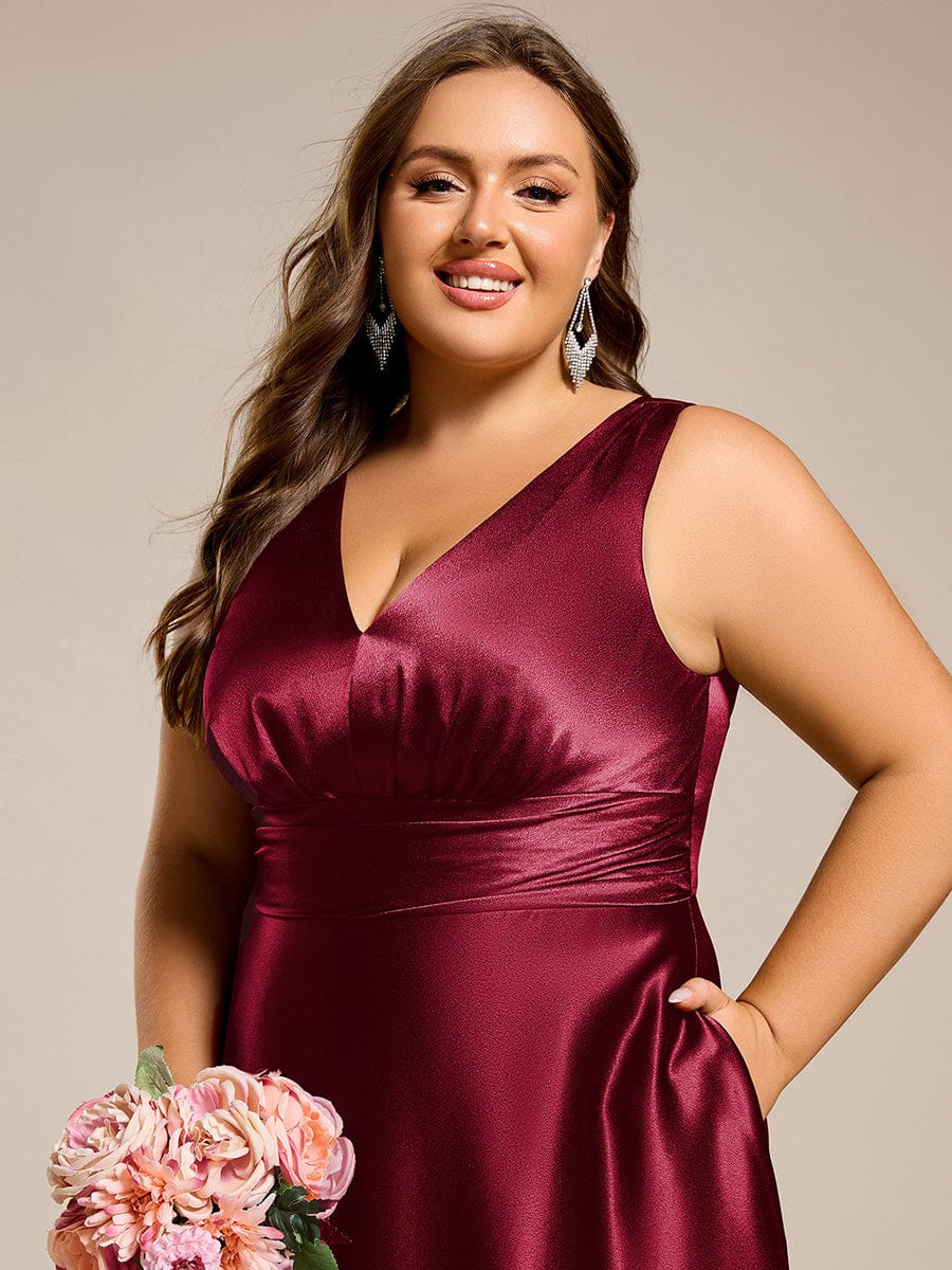 Sleeveless Empire Waist Satin Maxi Bridesmaid Dress With Pockets #color_Burgundy