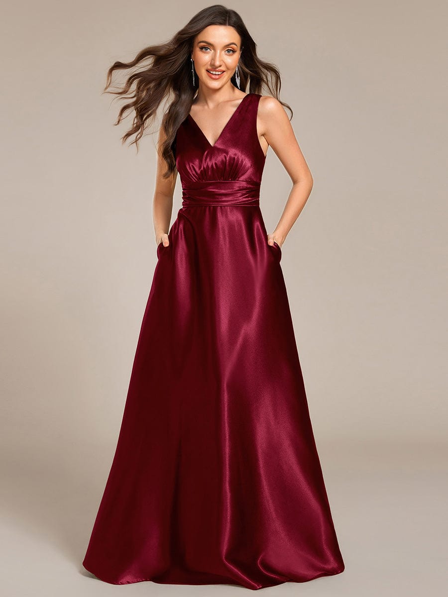 Sleeveless Empire Waist Satin Maxi Bridesmaid Dress With Pockets #color_Burgundy