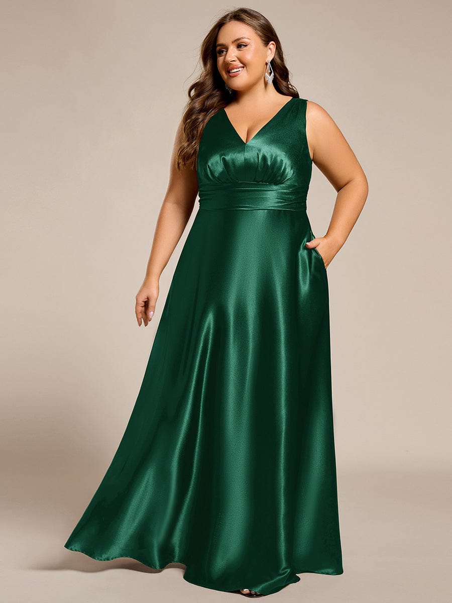 Sleeveless Empire Waist Satin Maxi Bridesmaid Dress With Pockets #color_Dark Green