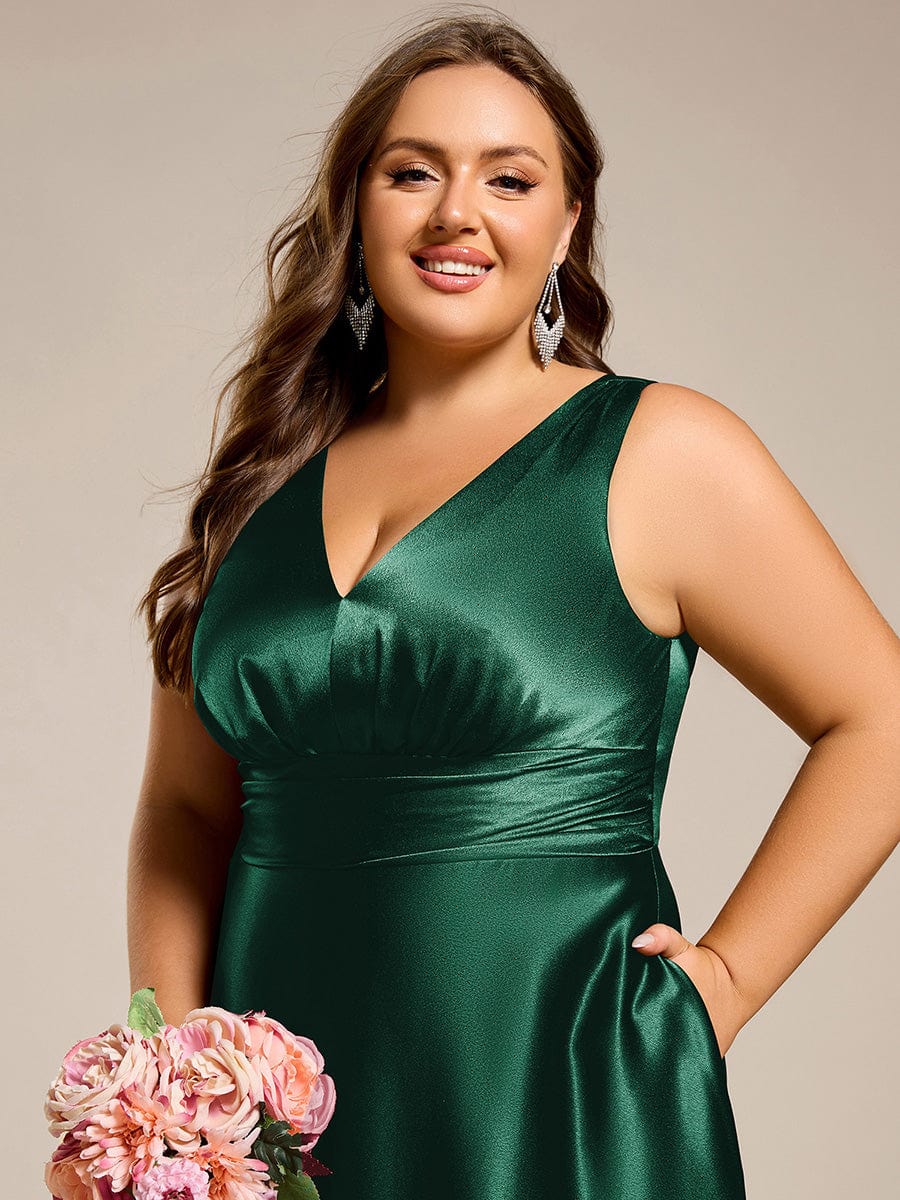 Sleeveless Empire Waist Satin Maxi Bridesmaid Dress With Pockets #color_Dark Green