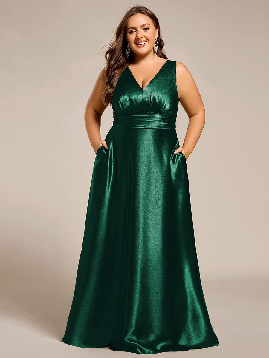 Sleeveless Empire Waist Satin Maxi Bridesmaid Dress With Pockets #color_Dark Green