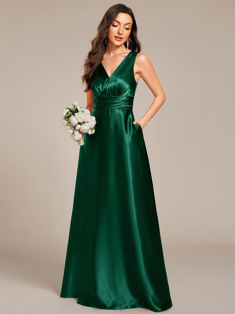 Sleeveless Empire Waist Satin Maxi Bridesmaid Dress With Pockets #color_Dark Green