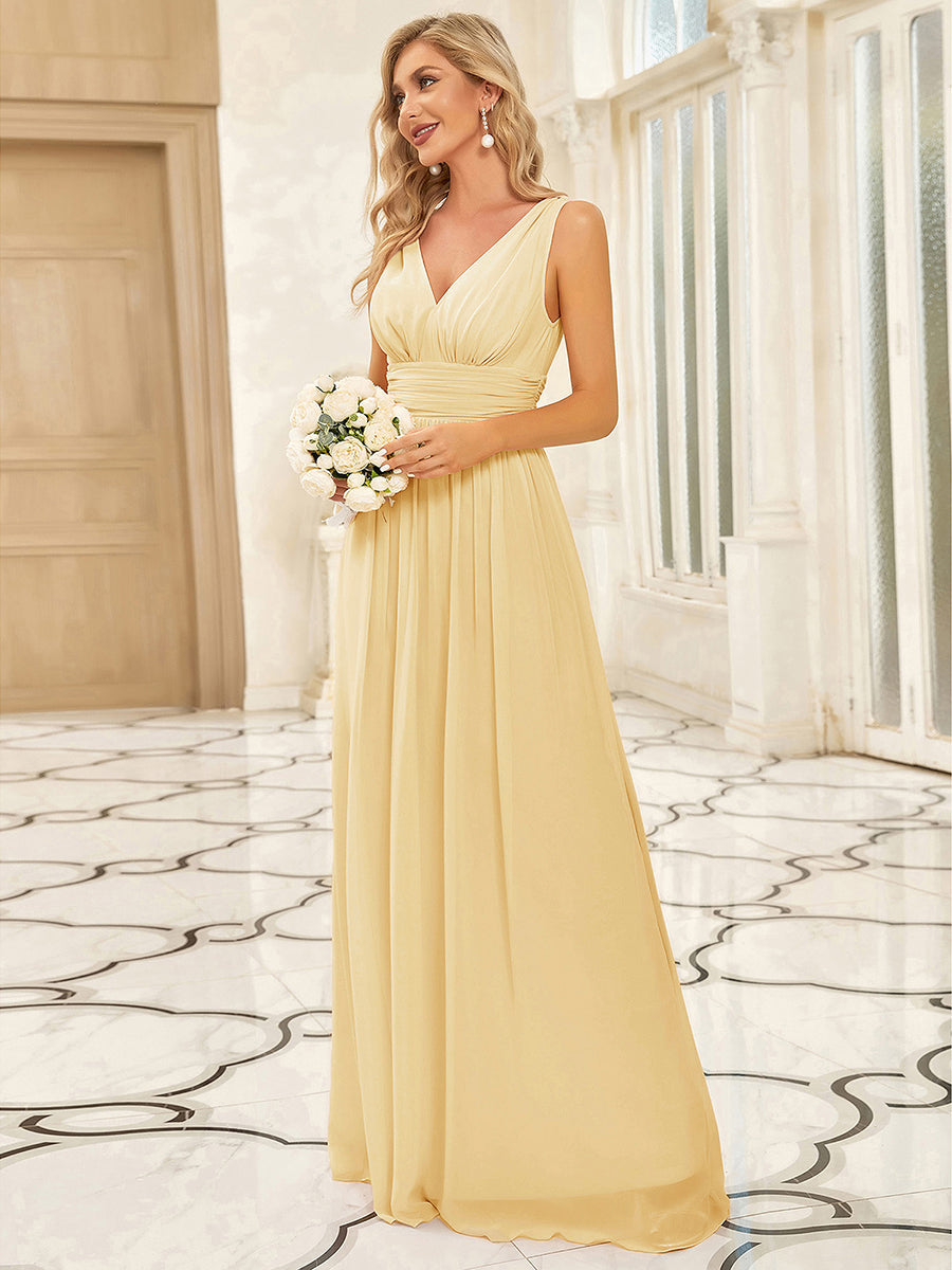 V Neck Sleeveless Pleated Chiffon Maxi Evening Dress #color_Yellow