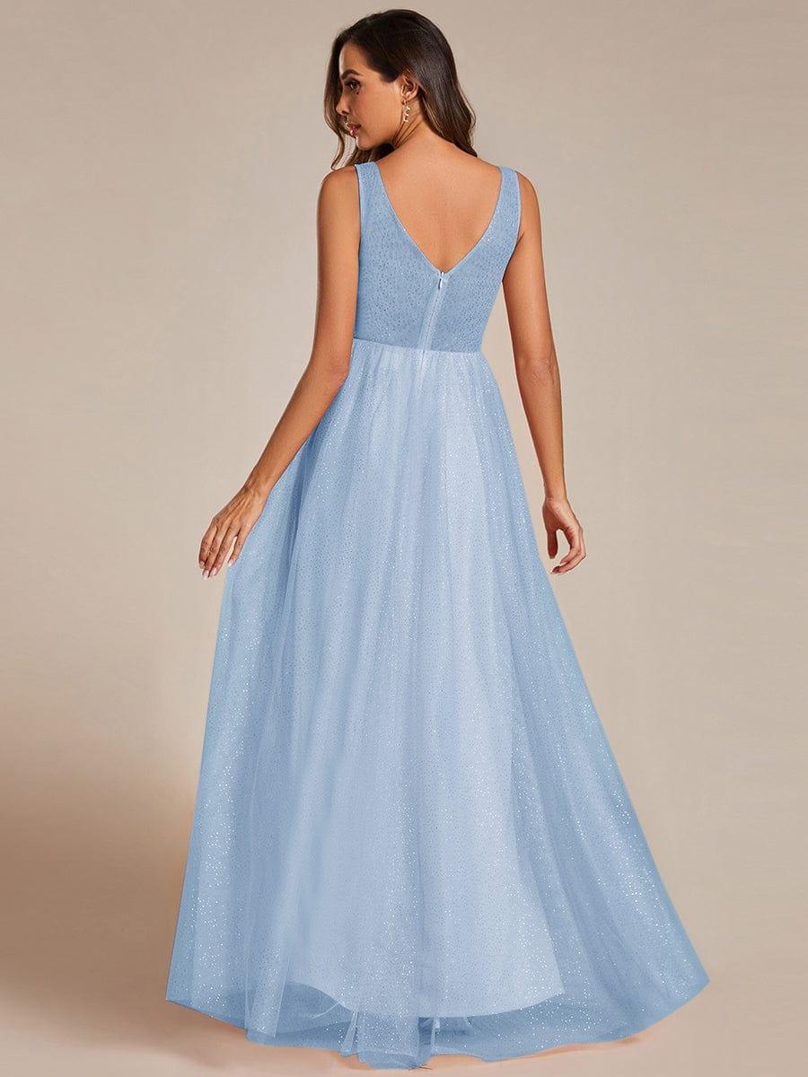 High Waist and Slit Glittering Bridesmaid Dress with V-Neck #color_Light Blue
