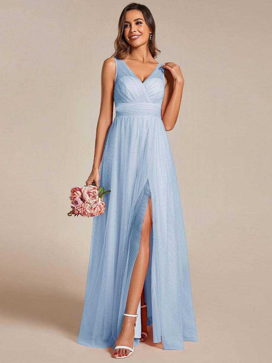 High Waist and Slit Glittering Bridesmaid Dress with V-Neck #color_Light Blue