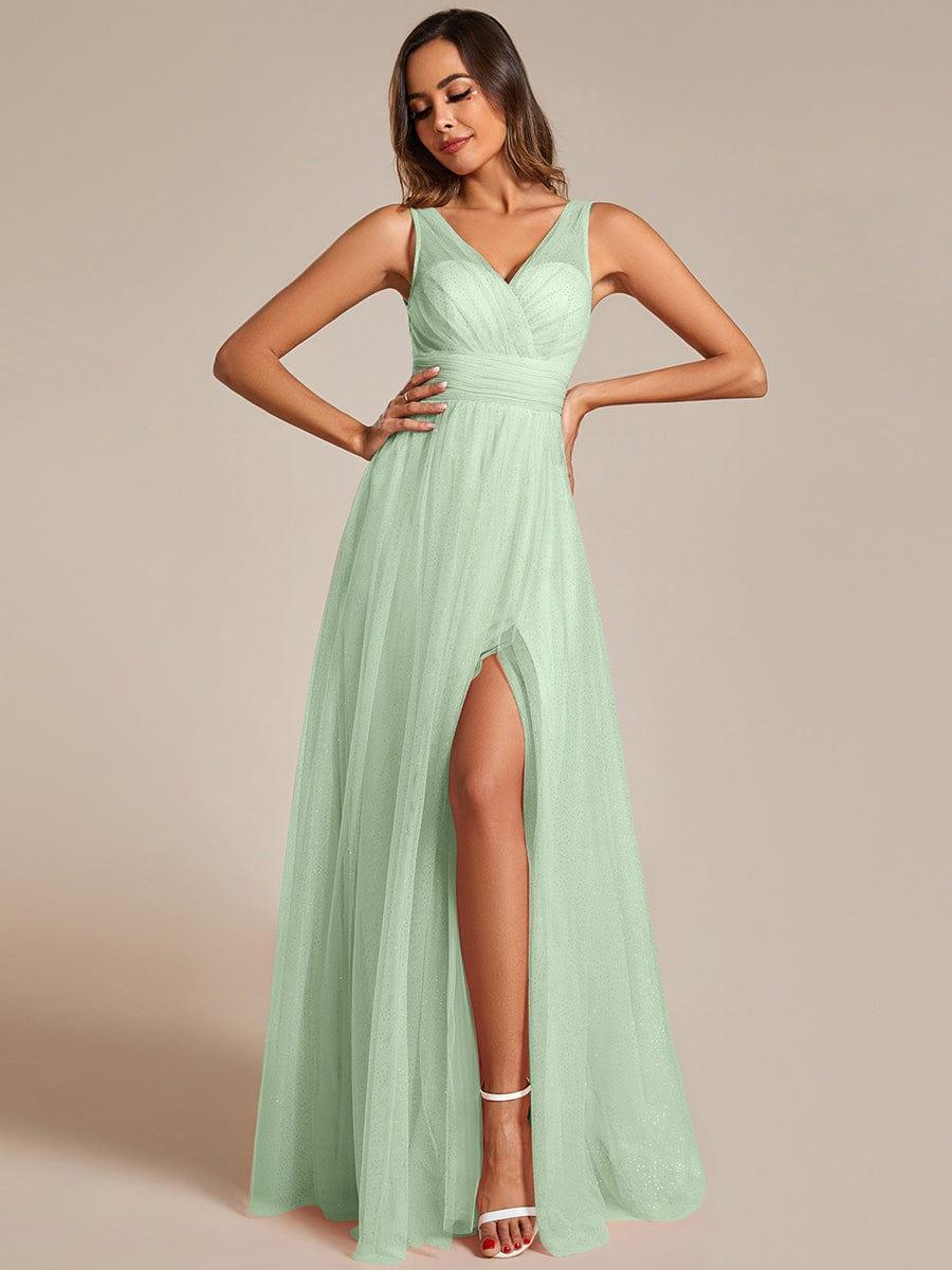 High Waist and Slit Glittering Bridesmaid Dress with V-Neck #color_Mint Green