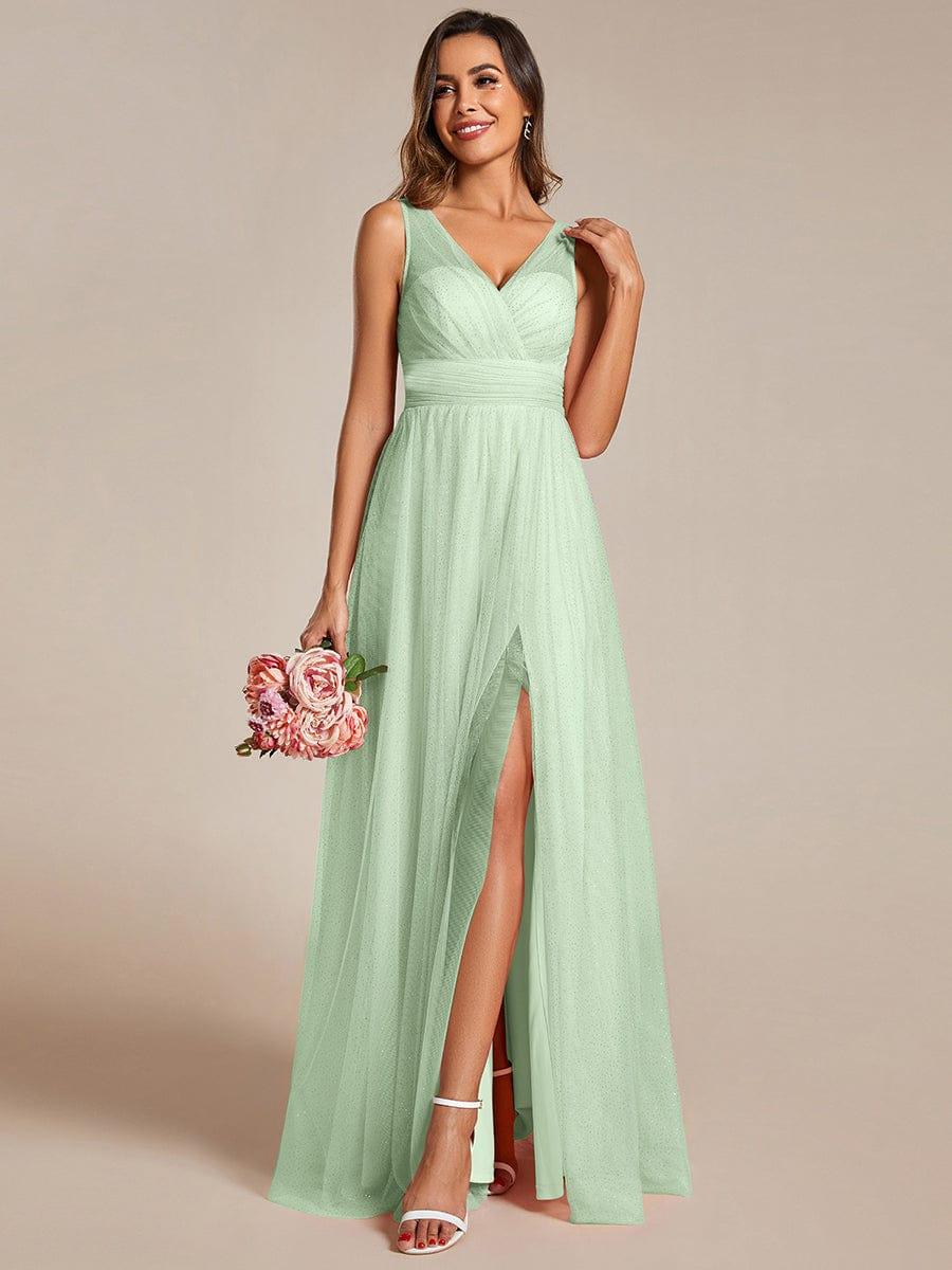 High Waist and Slit Glittering Bridesmaid Dress with V-Neck #color_Mint Green