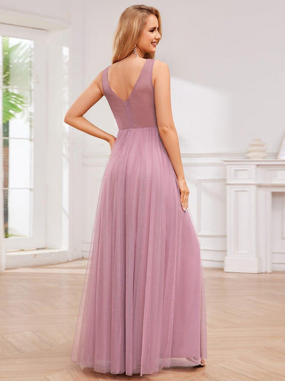 High Waist and Slit Glittering Bridesmaid Dress with V-Neck #color_Purple Orchid