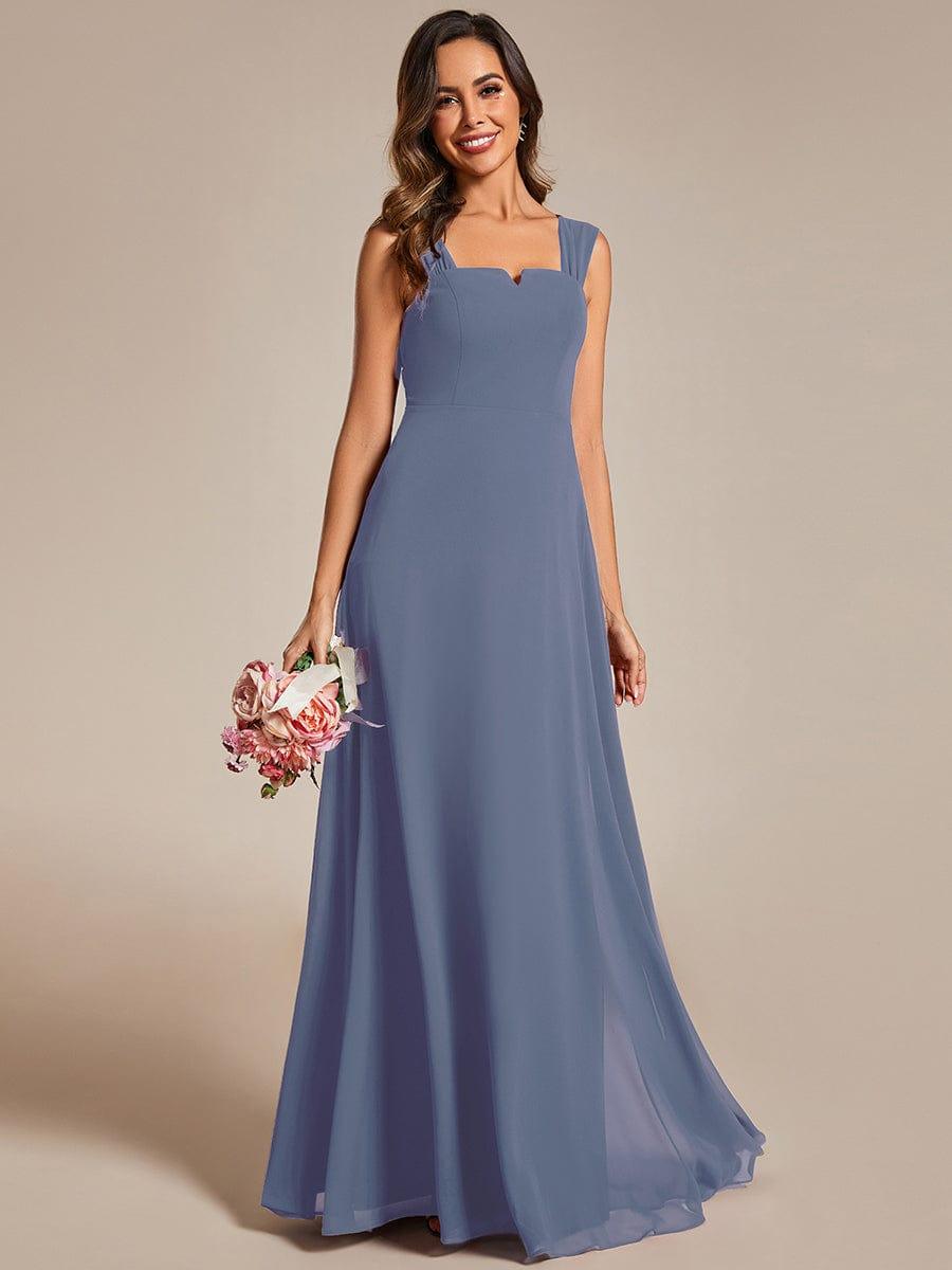 Elegant Chiffon Dusty Blue Dress with High Waist and Square Neckline