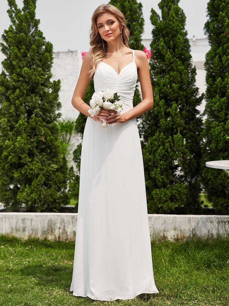 Chic Adjustable Straps Pleated Bridesmaid Dress with V-Neck #color_White