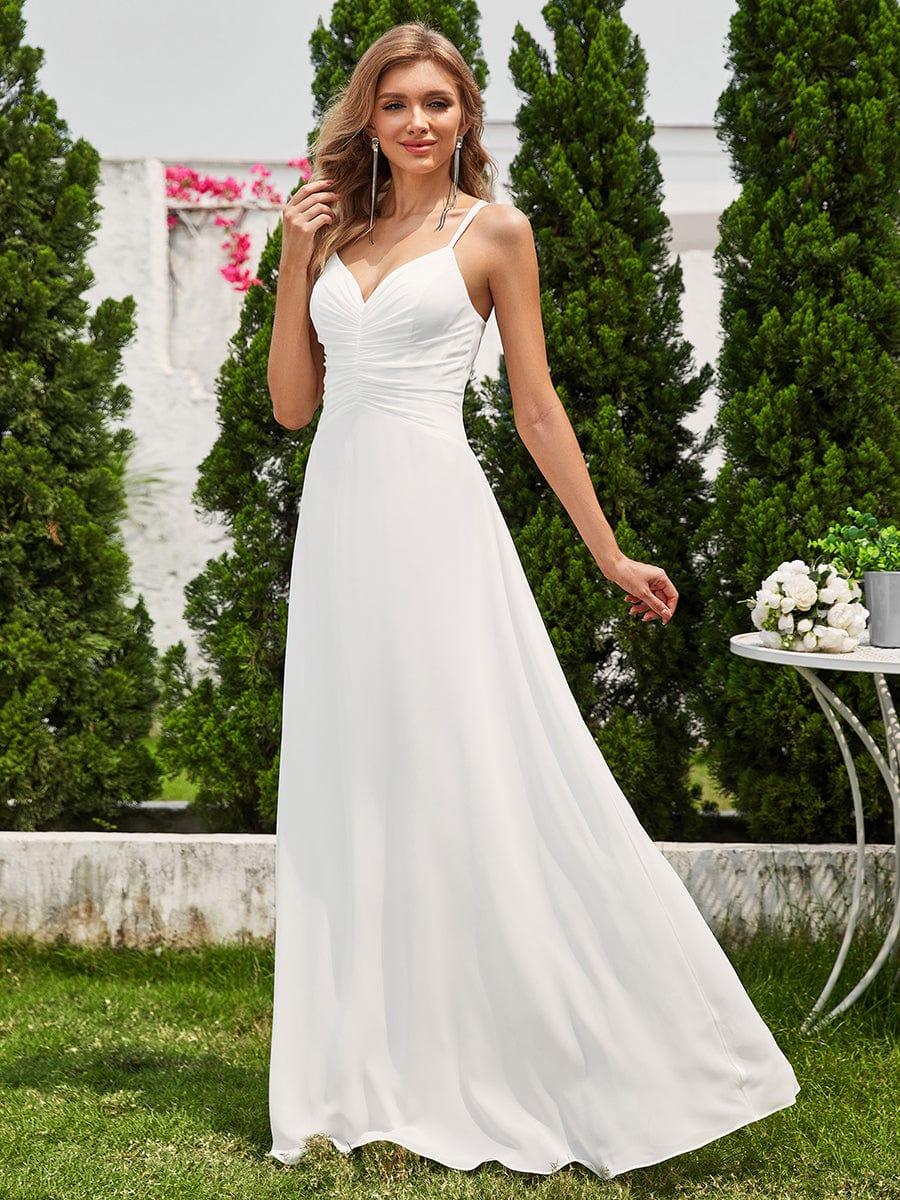 Chic Adjustable Straps Pleated Bridesmaid Dress with V-Neck #color_White