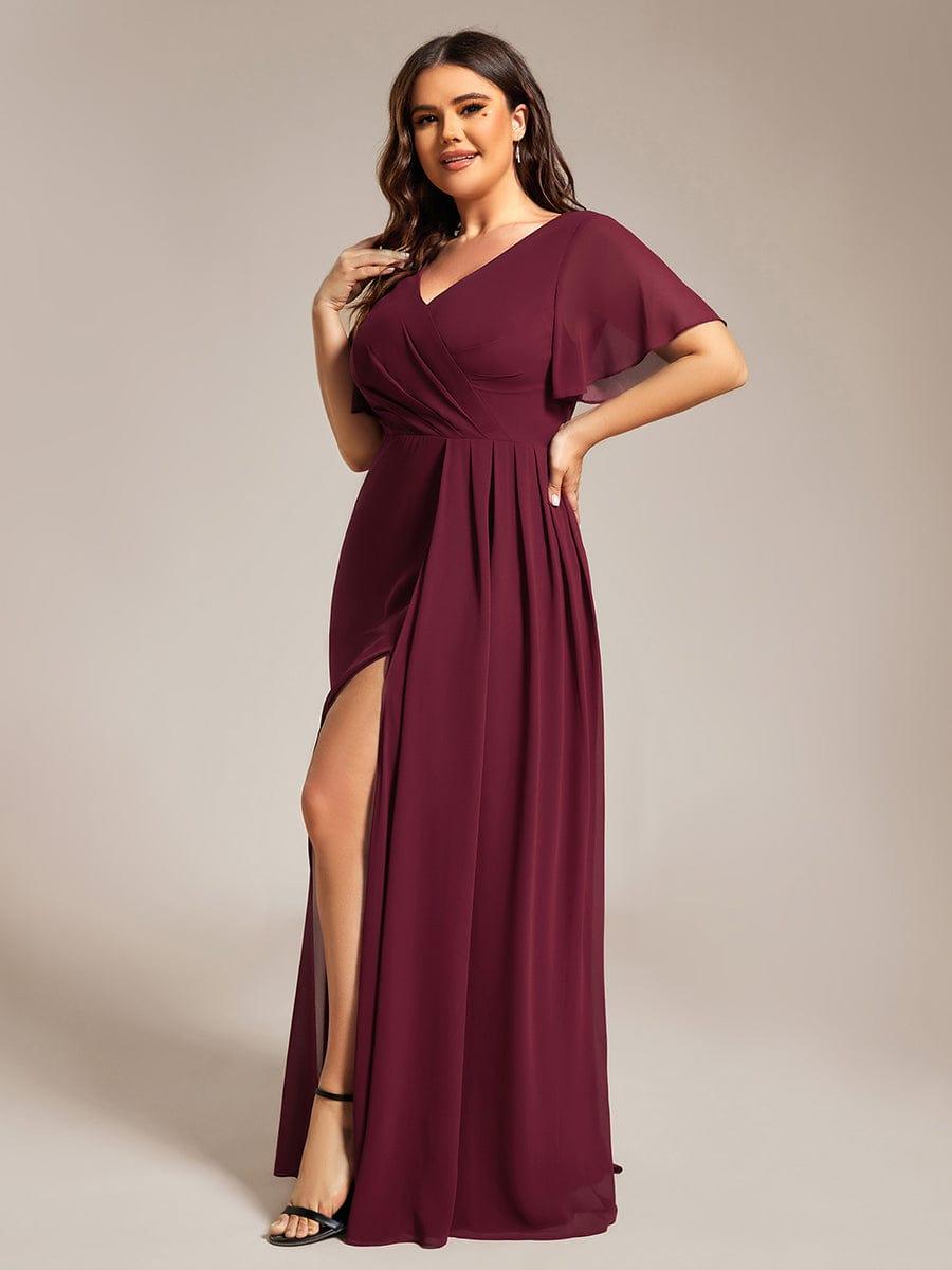A-Line Ruffle Sleeves and High Slit Chiffon Bridesmaid Dress with V-Neck #color_Burgundy