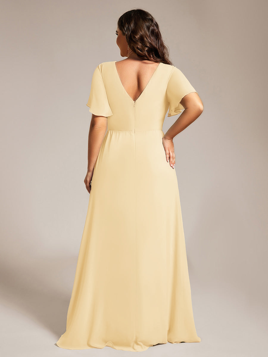 A-Line Ruffle Sleeves and High Slit Chiffon Bridesmaid Dress with V-Neck #color_Yellow