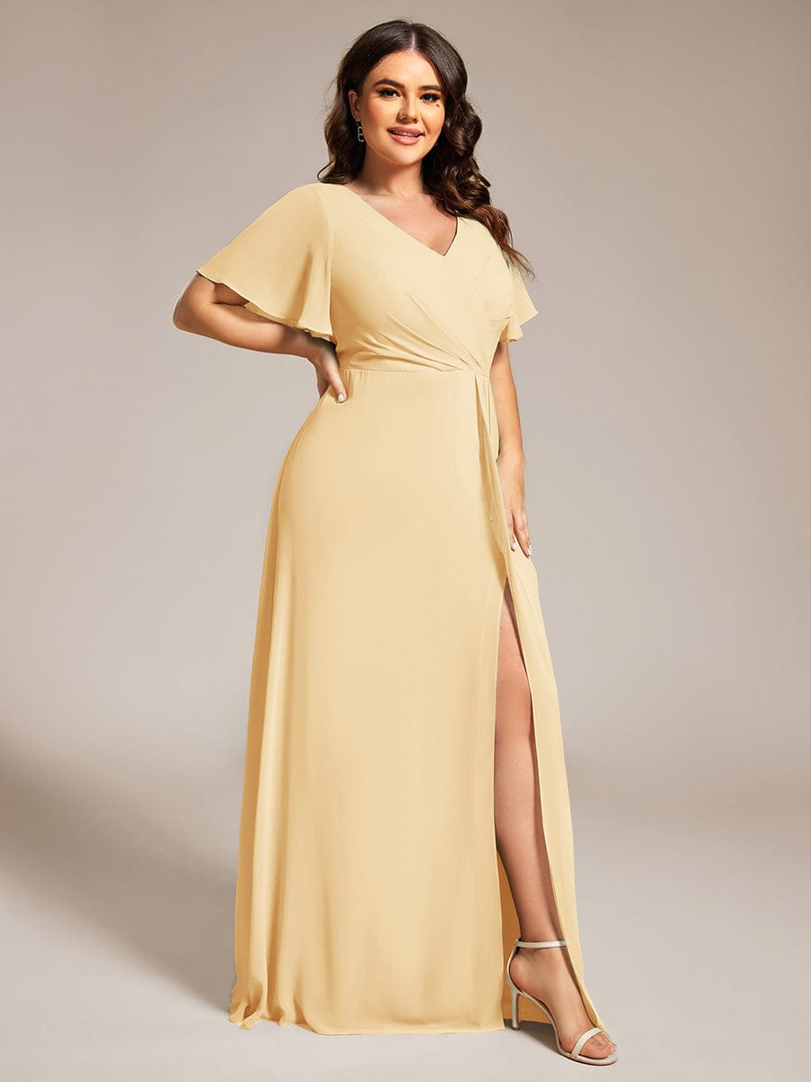 A-Line Ruffle Sleeves and High Slit Chiffon Bridesmaid Dress with V-Neck #color_Yellow