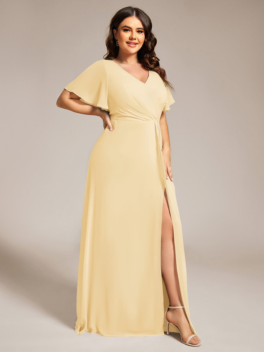A-Line Ruffle Sleeves and High Slit Chiffon Bridesmaid Dress with V-Neck #color_Yellow